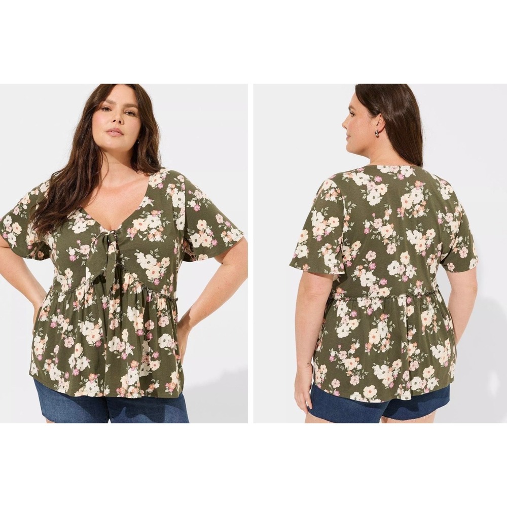 Heritage by Torrid Floral Babydoll Top Sz 2X Olive Tie Front Peplum Cottagecore